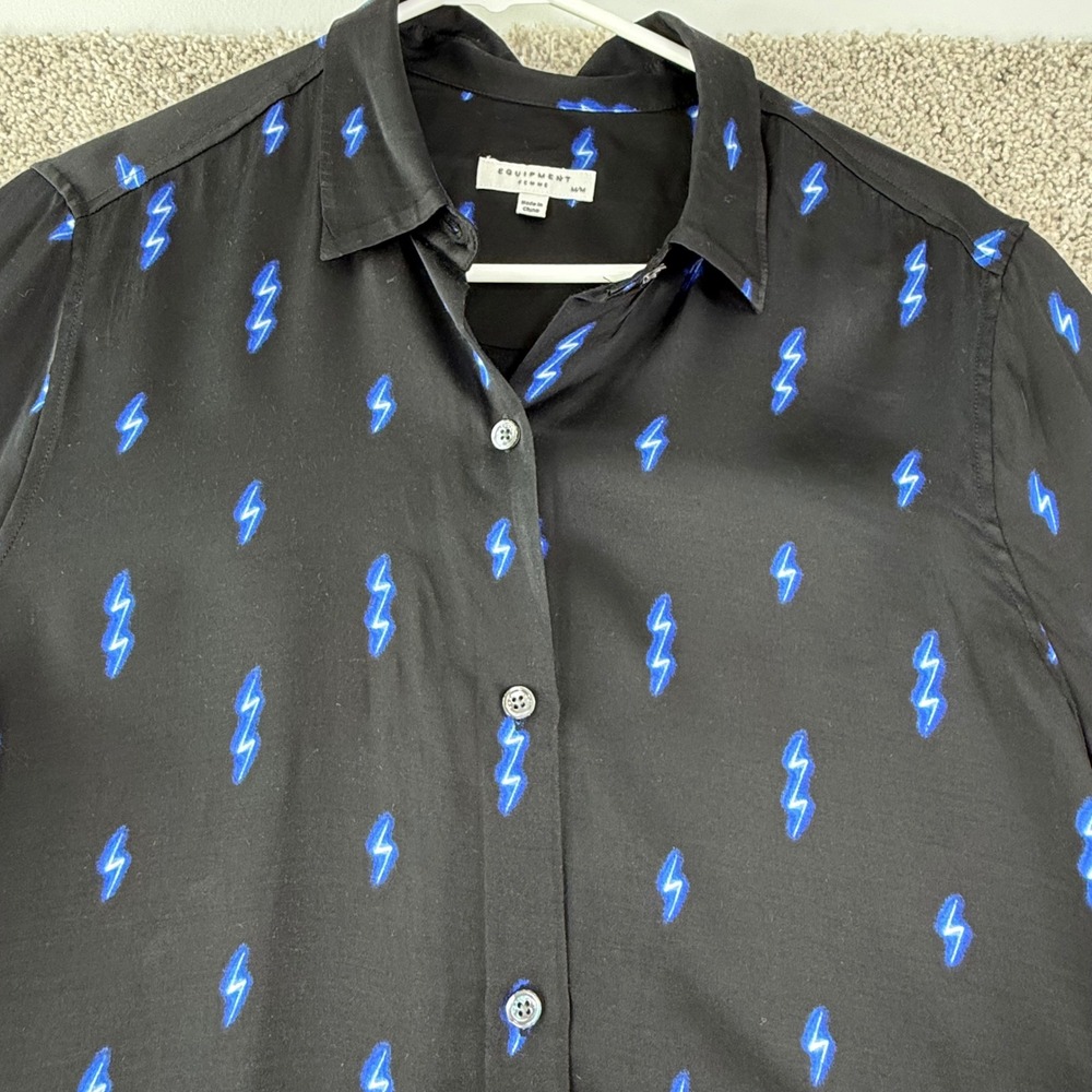 Equipment Femme Lighting Bolt Print Button Up Shirt Black Blue Rayon Medium